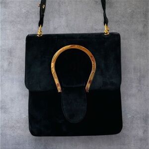 Vintage Varon Elegant Navy Blue Suede Handbag with Gold Accents